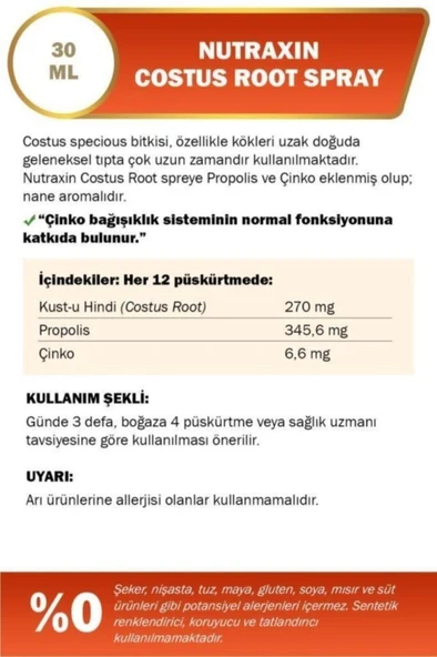 Nutraxin Costus Root Spray 30 Ml - Kusti Hindi Boğaz Spreyi - Resim 4