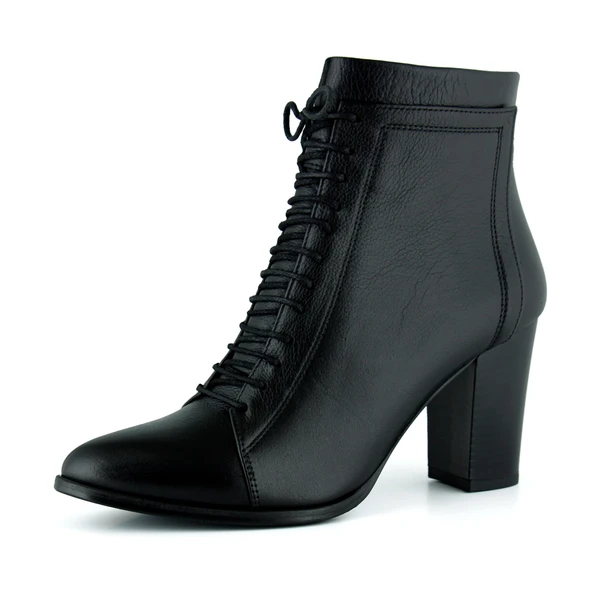 Erkan saçmacı  Siyah Hakiki Dana Derisi Bağcıklı Fermuarlı Sivri Burun Kalın Topuklu Günlük Bot ürün görseli