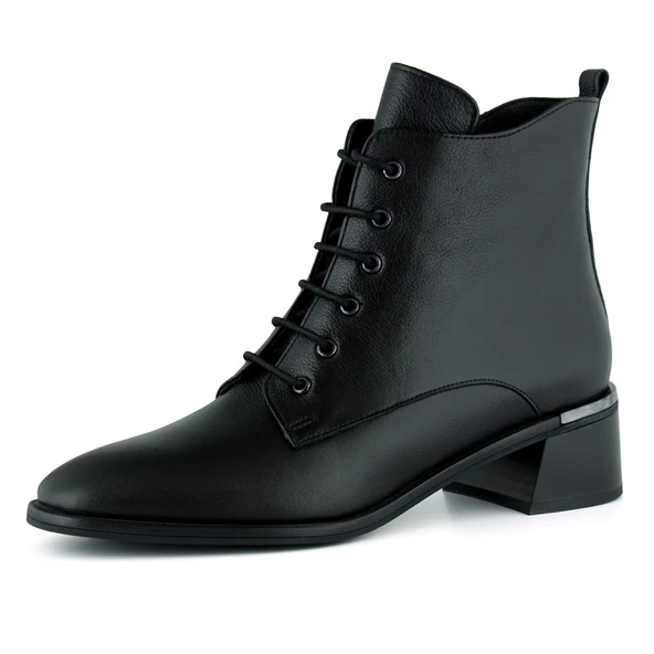 Erkan saçmacı  Siyah Hakiki Dana Derisi Bağcıklı Fermuarlı Yuvarlak Burun Kalın Topuklu Günlük Bot ürün görseli