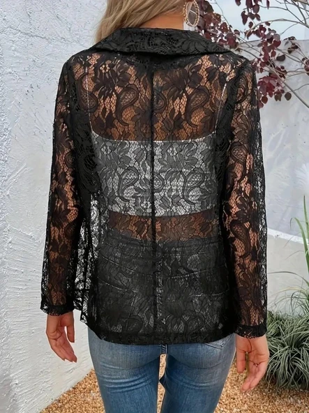 MDB Kadın Uzun Kollu Yakalı önü Açık Dantelli Ceket - Resim 3