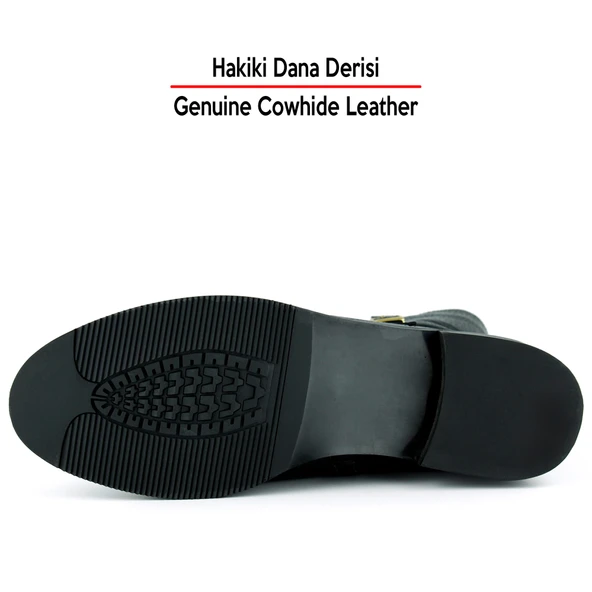 Erkan saçmacı Siyah Hakiki Dana Derisi Tokalı Fermuarlı Yuvarlak Burun Kalın Topuklu Günlük Bot - Resim 4