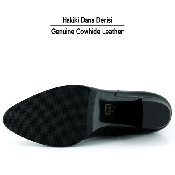 Erkan saçmacı  Siyah Rugan Hakiki Dana Derisi Tokalı Fermuarlı Sivri Burun Kalın Topuklu Günlük Bot - Resim 4