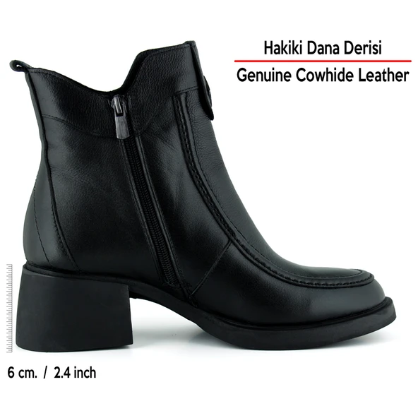 Erkan saçmacı  Siyah Hakiki Dana Derisi Tokalı Fermuarlı Yuvarlak Burun Kalın Topuklu Günlük Bot - Resim 3