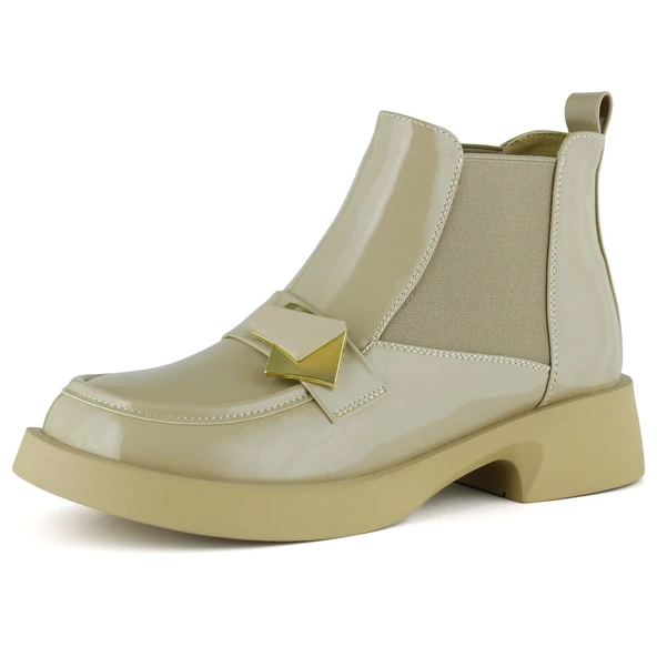 Erkan saçmacı  Bej Rugan Streç Taşlı Tokalı Yuvarlak Burun Kalın Topuklu Günlük Bot ürün görseli