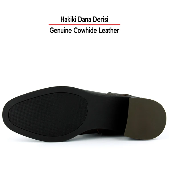 Erkan saçmacı  Kahverengi Hakiki Dana Derisi Tokalı Fermuarlı Yuvarlak Burun Kalın Topuklu Günlük Bot - Resim 4