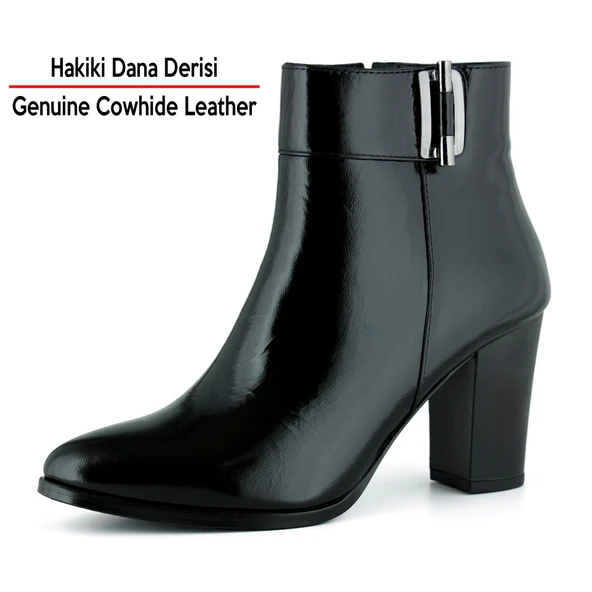 Erkan saçmacı  Siyah Rugan Hakiki Dana Derisi Tokalı Fermuarlı Sivri Burun Kalın Topuklu Günlük Bot - Resim 2