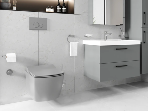 Creavit EG321 Elegant Rim-Off Kanalsız Duroplast Yavaş Kapanan Klozet Kapaklı Cool Grey Set - Resim 6