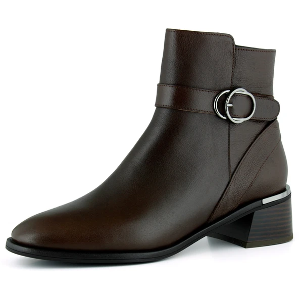 Erkan saçmacı  Kahverengi Hakiki Dana Derisi Tokalı Fermuarlı Yuvarlak Burun Kalın Topuklu Günlük Bot ürün görseli