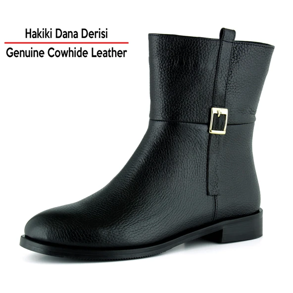 Erkan saçmacı Siyah Hakiki Dana Derisi Tokalı Fermuarlı Yuvarlak Burun Kalın Topuklu Günlük Bot - Resim 2