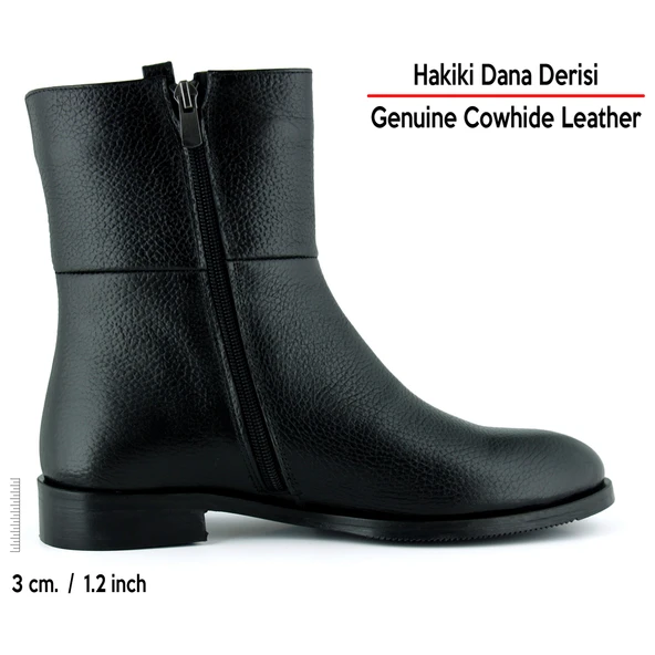 Erkan saçmacı Siyah Hakiki Dana Derisi Tokalı Fermuarlı Yuvarlak Burun Kalın Topuklu Günlük Bot - Resim 3