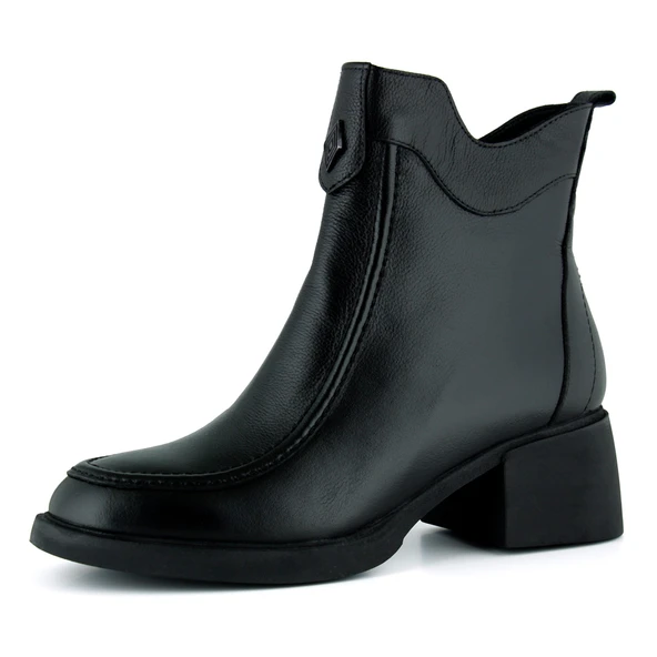 Erkan saçmacı  Siyah Hakiki Dana Derisi Tokalı Fermuarlı Yuvarlak Burun Kalın Topuklu Günlük Bot ürün görseli