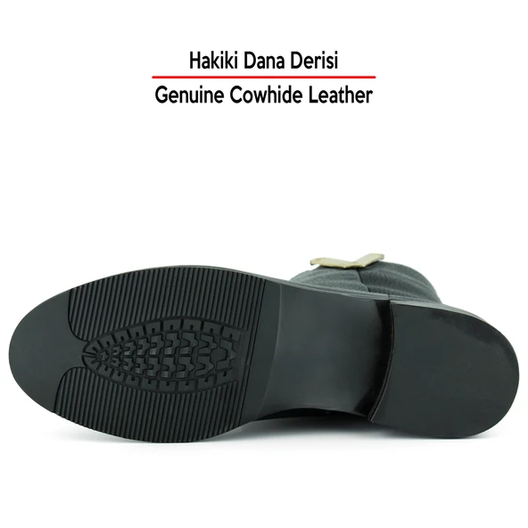 Erkan saçmacı  Siyah Hakiki Dana Derisi Metal Detaylı Fermuarlı Yuvarlak Burun Kalın Topuklu Günlük Bot - Resim 4