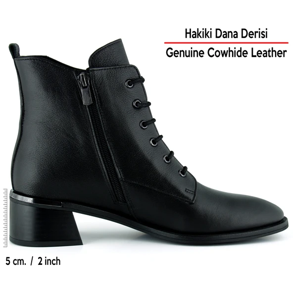 Erkan saçmacı  Siyah Hakiki Dana Derisi Bağcıklı Fermuarlı Yuvarlak Burun Kalın Topuklu Günlük Bot - Resim 3