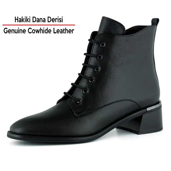 Erkan saçmacı  Siyah Hakiki Dana Derisi Bağcıklı Fermuarlı Yuvarlak Burun Kalın Topuklu Günlük Bot - Resim 2