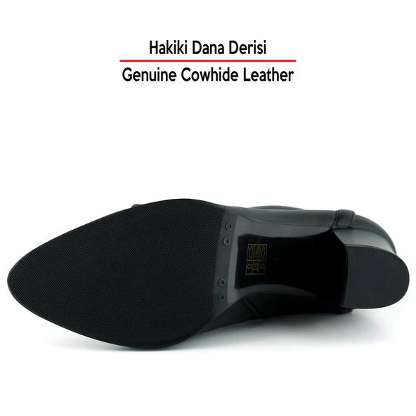 Erkan saçmacı  Siyah Hakiki Dana Derisi Bağcıklı Fermuarlı Sivri Burun Kalın Topuklu Günlük Bot - Resim 4