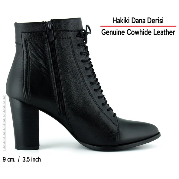 Erkan saçmacı  Siyah Hakiki Dana Derisi Bağcıklı Fermuarlı Sivri Burun Kalın Topuklu Günlük Bot - Resim 3
