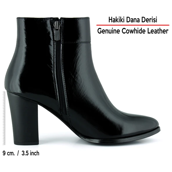 Erkan saçmacı  Siyah Rugan Hakiki Dana Derisi Tokalı Fermuarlı Sivri Burun Kalın Topuklu Günlük Bot - Resim 3