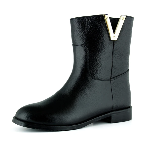 Erkan saçmacı  Siyah Hakiki Dana Derisi Metal Detaylı Fermuarlı Yuvarlak Burun Kalın Topuklu Günlük Bot ürün görseli