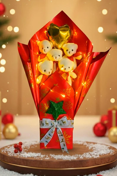 Premium Özel Yeniyıl - Yılbaşı Konsepti  LED Işıklı Romantik Kırmızı - Beyaz Peluş Ayıcık Buketi-Sevdiklerinize Özel... ürün görseli