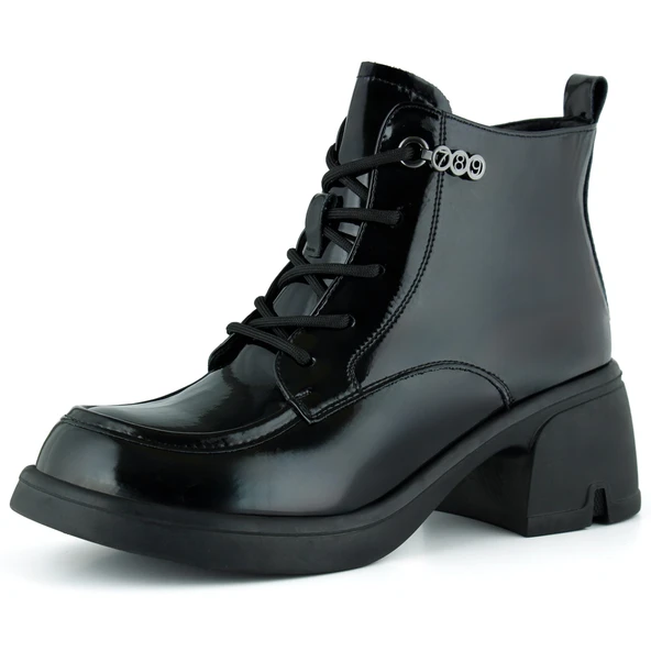 Erkan saçmacı  Siyah Rugan Bağcıklı Fermuarlı Kürk Astarlı Yuvarlak Burun Kalın Topuklu Günlük Bot ürün görseli