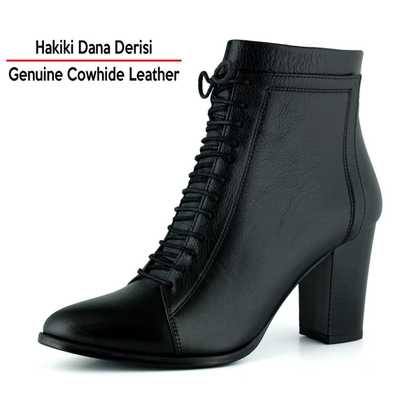 Erkan saçmacı  Siyah Hakiki Dana Derisi Bağcıklı Fermuarlı Sivri Burun Kalın Topuklu Günlük Bot - Resim 2