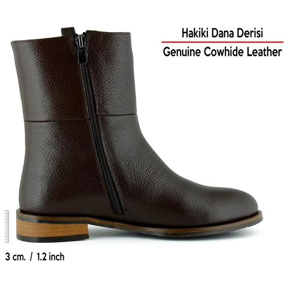 Erkan saçmacı  Kahverengi Hakiki Dana Derisi Tokalı Fermuarlı Yuvarlak Burun Kalın Topuklu Günlük Bot - Resim 3