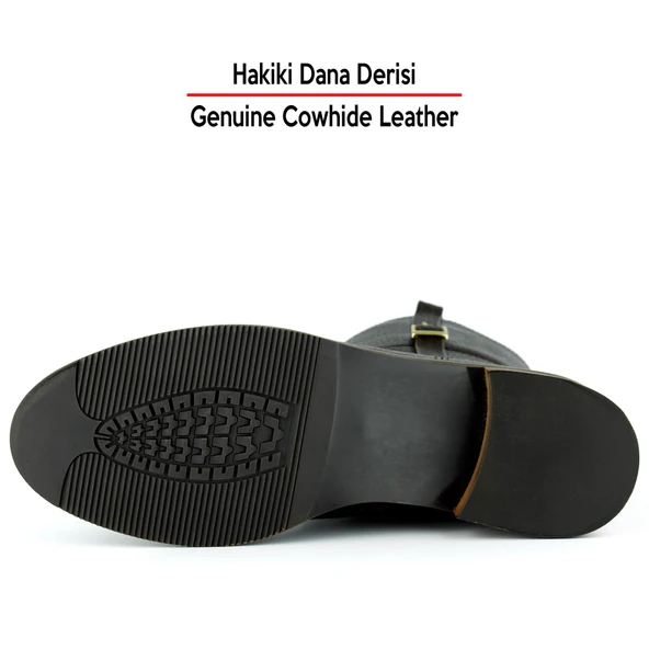 Erkan saçmacı  Kahverengi Hakiki Dana Derisi Tokalı Fermuarlı Yuvarlak Burun Kalın Topuklu Günlük Bot - Resim 4