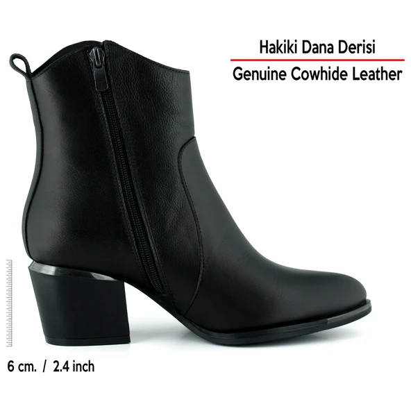 Erkan saçmacı  Siyah Hakiki Dana Derisi Tokalı Fermuarlı Sivri Burun Kalın Topuklu Günlük Bot - Resim 3