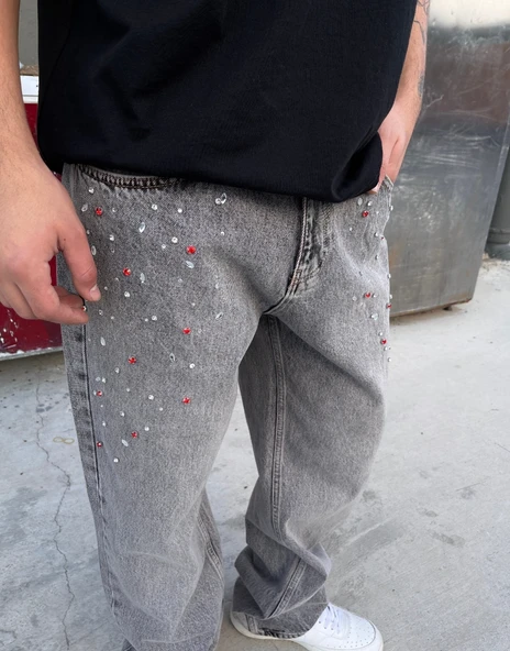 Ultra Premium Crystal Stone Baggy Kot Pantolon - Resim 2