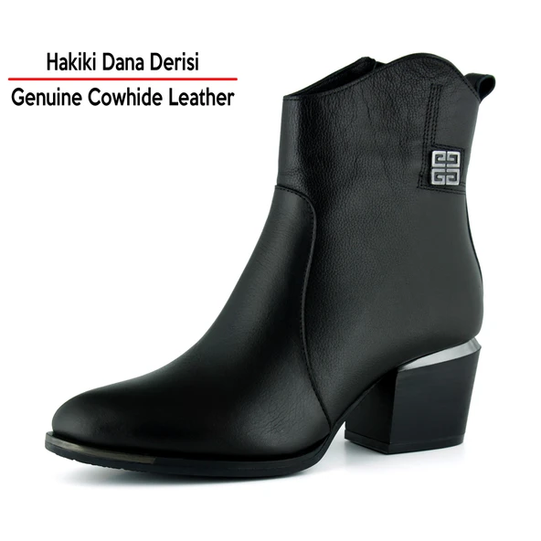 Erkan saçmacı  Siyah Hakiki Dana Derisi Tokalı Fermuarlı Sivri Burun Kalın Topuklu Günlük Bot - Resim 2