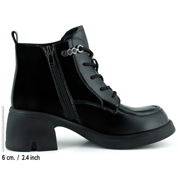 Erkan saçmacı  Siyah Rugan Bağcıklı Fermuarlı Kürk Astarlı Yuvarlak Burun Kalın Topuklu Günlük Bot - Resim 2