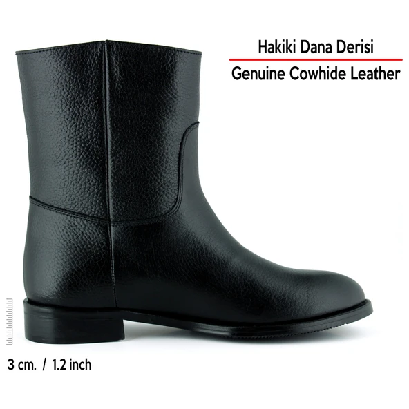 Erkan saçmacı  Siyah Hakiki Dana Derisi Metal Detaylı Fermuarlı Yuvarlak Burun Kalın Topuklu Günlük Bot - Resim 3