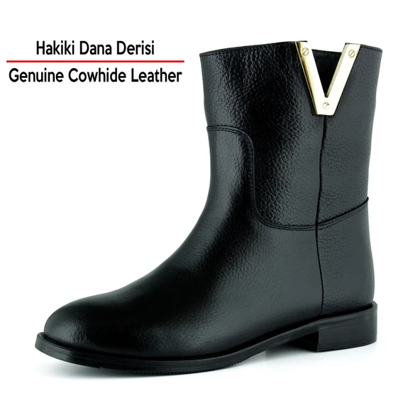 Erkan saçmacı  Siyah Hakiki Dana Derisi Metal Detaylı Fermuarlı Yuvarlak Burun Kalın Topuklu Günlük Bot - Resim 2
