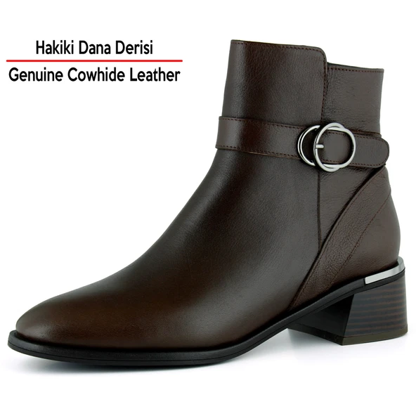 Erkan saçmacı  Kahverengi Hakiki Dana Derisi Tokalı Fermuarlı Yuvarlak Burun Kalın Topuklu Günlük Bot - Resim 2