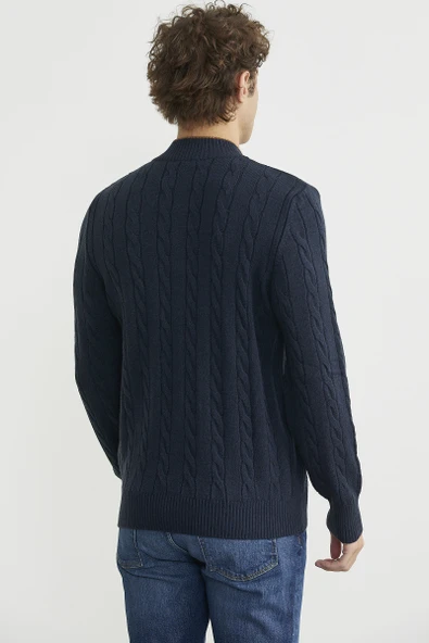 Düğmeli Saç Örgü Triko Hırka - Lacivert - Resim 6