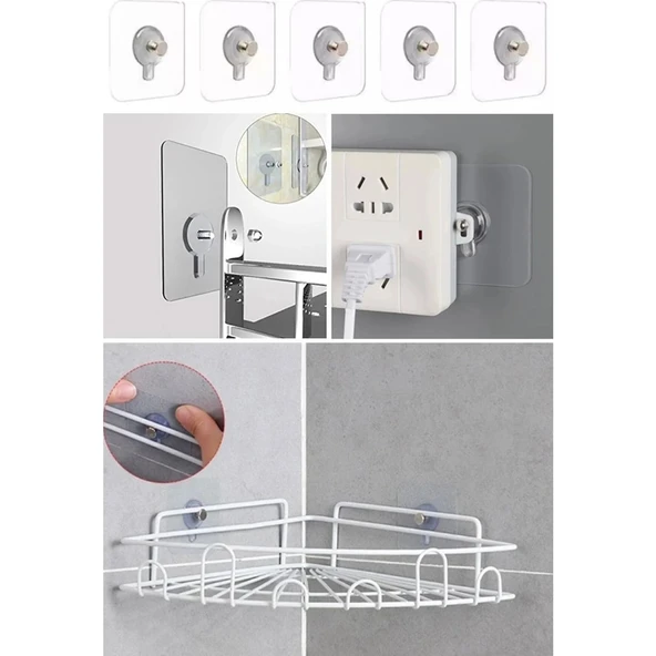 Mucit Home 4 Adet Kendinden Yapışkanlı Duvar Kancaları Şeffaf Raf Duvar Askıları Mutfak Banyo Vida Kanca Çivi - Resim 5