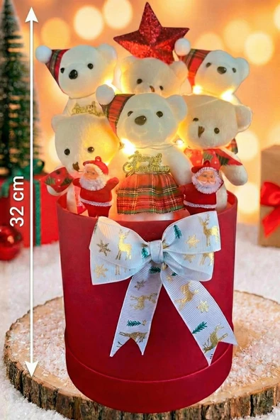 Yeniyıl ÖZEL Seri: Premium Silindir Kutuda Yılbaşı Temalı LED Işıklı Yıldızlı -Noel Babalı, Özel Konsept Ayıcık Buketi - Resim 4