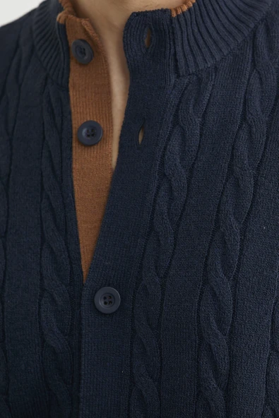 Düğmeli Saç Örgü Triko Hırka - Lacivert - Resim 5