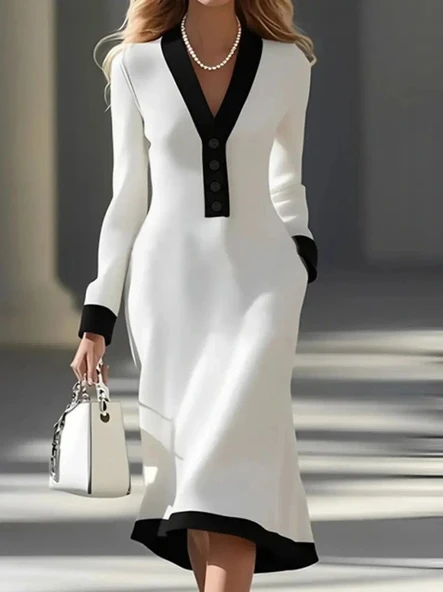 MDB Kadın Uzun Kollu V Yakalı Düğmeli Midi Modal Elbise ürün görseli 1