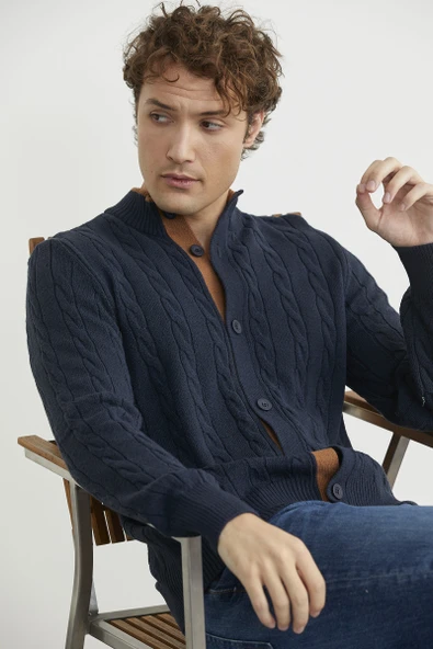 Düğmeli Saç Örgü Triko Hırka - Lacivert - Resim 4