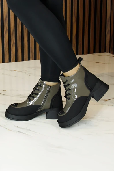Erkan saçmacı Haki Rugan Bağcıklı Fermuarlı Kürk Astarlı Yuvarlak Burun Kalın Topuklu Günlük Bot - Resim 3
