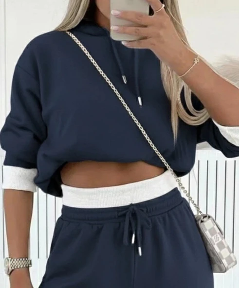 Kadın Uzun Kollu Kapşonlu Viskon Iki Iplik Füme Bluz Ve Pantolon Ikili Takım - Resim 2