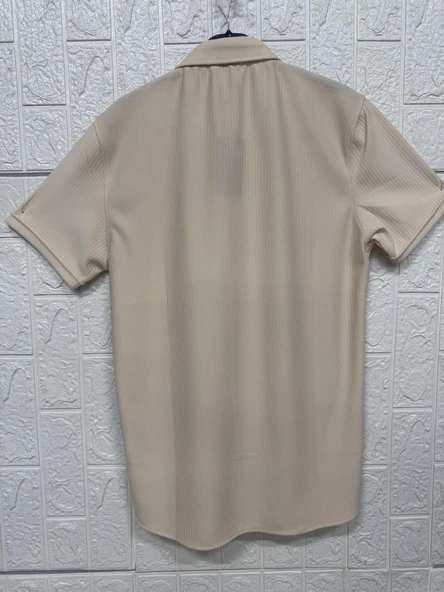 Kısa Kollu Bürümcük Doku Sade Gömlek - Resim 2