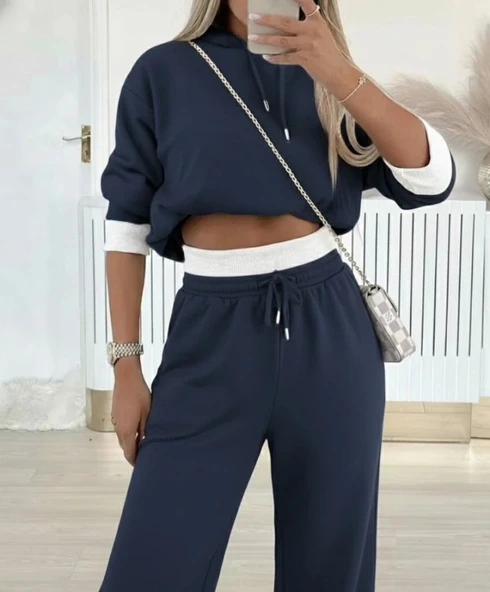 Kadın Uzun Kollu Kapşonlu Viskon Iki Iplik Füme Bluz Ve Pantolon Ikili Takım ürün görseli