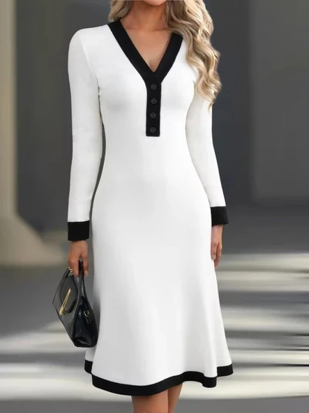 MDB Kadın Uzun Kollu V Yakalı Düğmeli Midi Modal Elbise - Resim 2