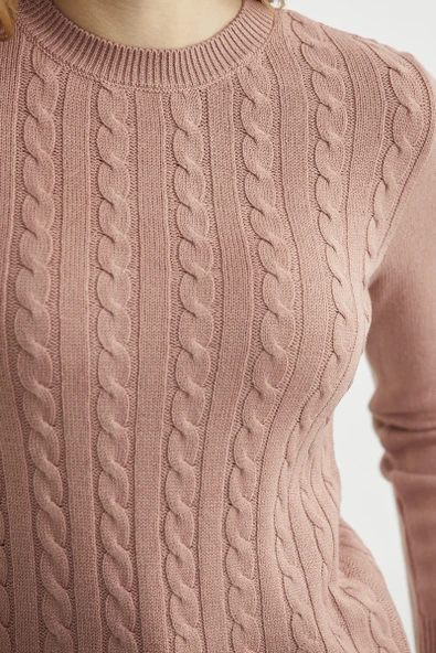 Dilimli Saç Örgülü Triko Kazak - Gül - Resim 5