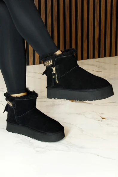 Erkan saçmacı Siyah Süet Fermuarlı Kürk Astarlı Yuvarlak Burun Günlük Bot ürün görseli