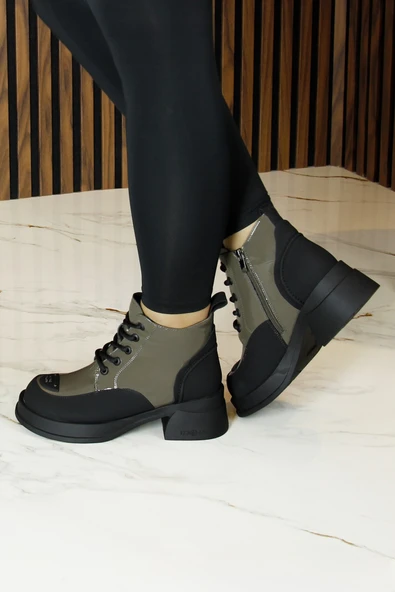 Erkan saçmacı Haki Rugan Bağcıklı Fermuarlı Kürk Astarlı Yuvarlak Burun Kalın Topuklu Günlük Bot - Resim 6