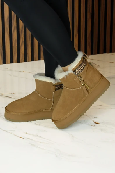 Erkan saçmacı  Camel Süet Fermuarlı Kürk Astarlı Yuvarlak Burun Günlük Bot - Resim 6