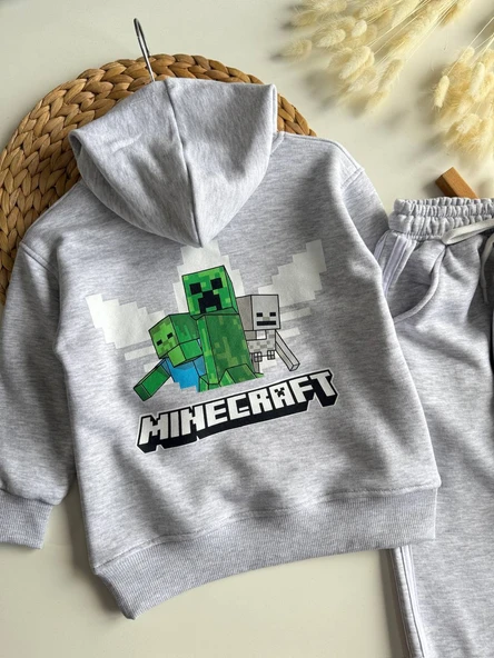 Minecraft Temalı Gri Çocuk Takımı – Kapüşonlu Sweatshirt & Çift Cepli Jogger Alt, 3–10 Yaş - Resim 2